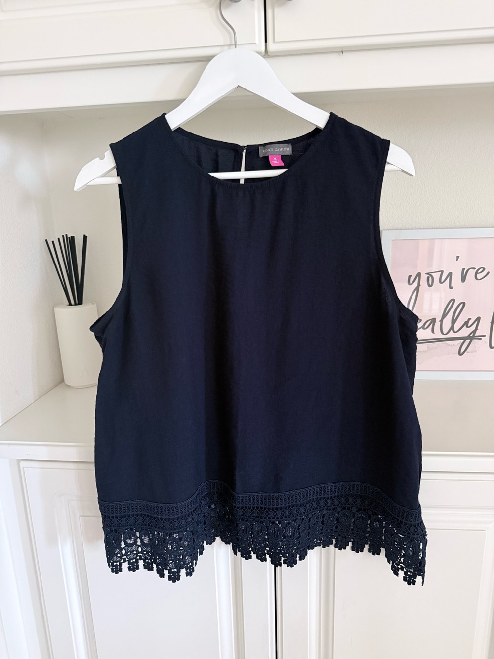 Vince Camuto Navy Crochet-Hem Sleeveless Top